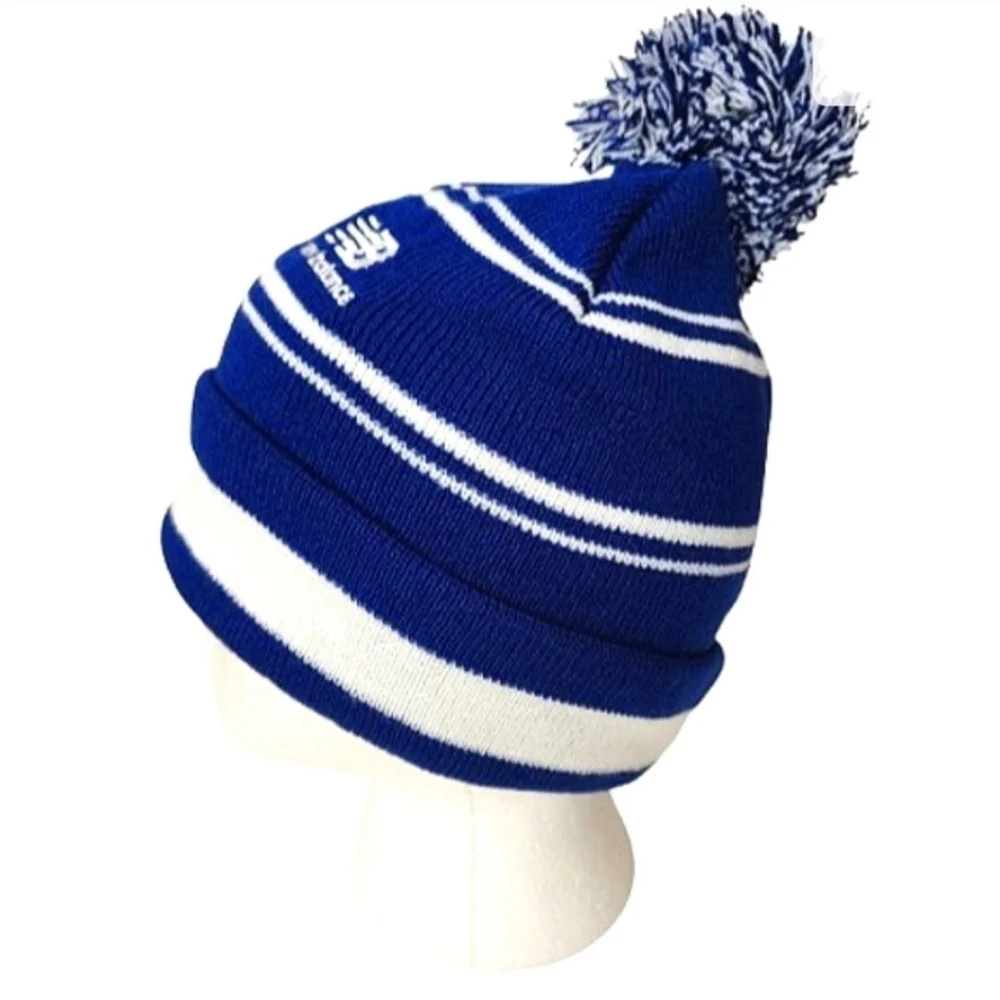 Blue And White Striped Pom Pom Knit Hat